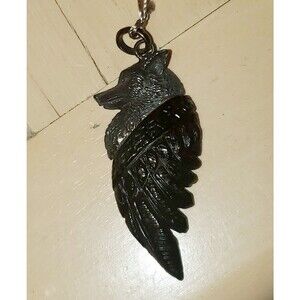 925 Silver Wolf Head Pendant With Hand Carved Palm Wood Raven Wing Starborn